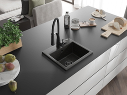 Mexen Milo Granitspüle 1-Becken mit Küchenarmatur Aster, schwarz/gold metallic - 6505-75-73450-70-B