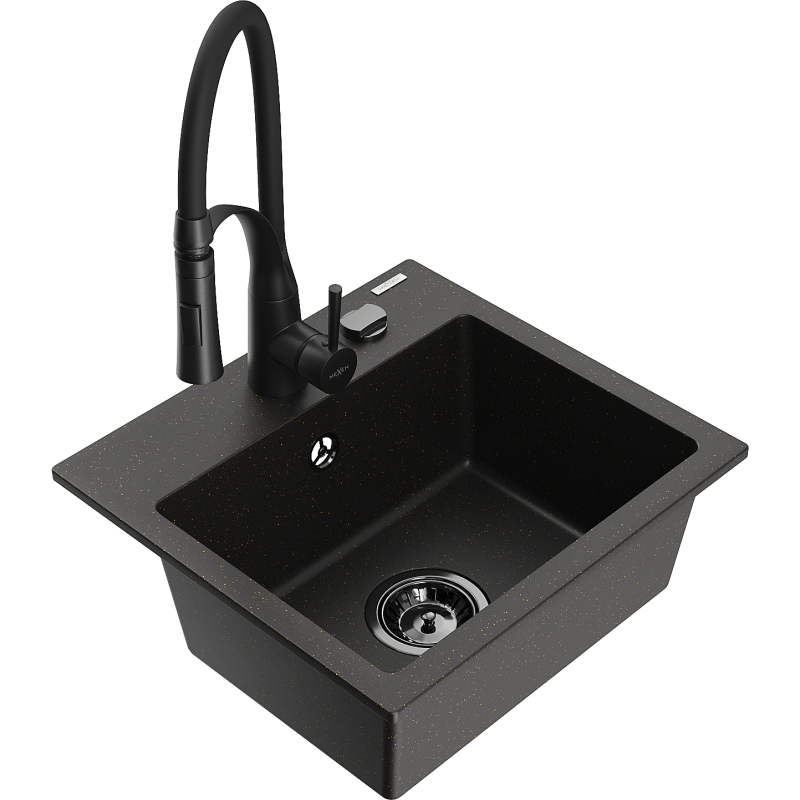Mexen Milo Granitspüle 1-Becken mit Küchenarmatur Aster, schwarz/gold metallic - 6505-75-73450-70-B