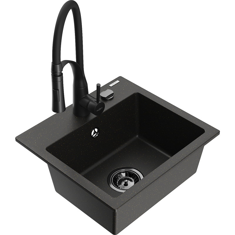 Mexen Milo Granitspüle 1-becken mit Küchenarmatur Aster, schwarz/gold metallisch - 6505-75-73450-70-B