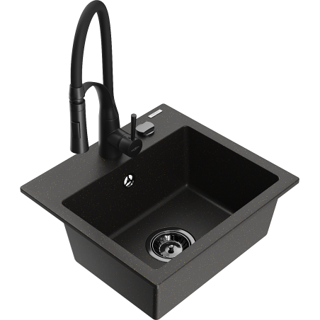 Mexen Milo Granitspüle 1-Becken mit Küchenarmatur Aster, schwarz/gold metallic - 6505-75-73450-70-B