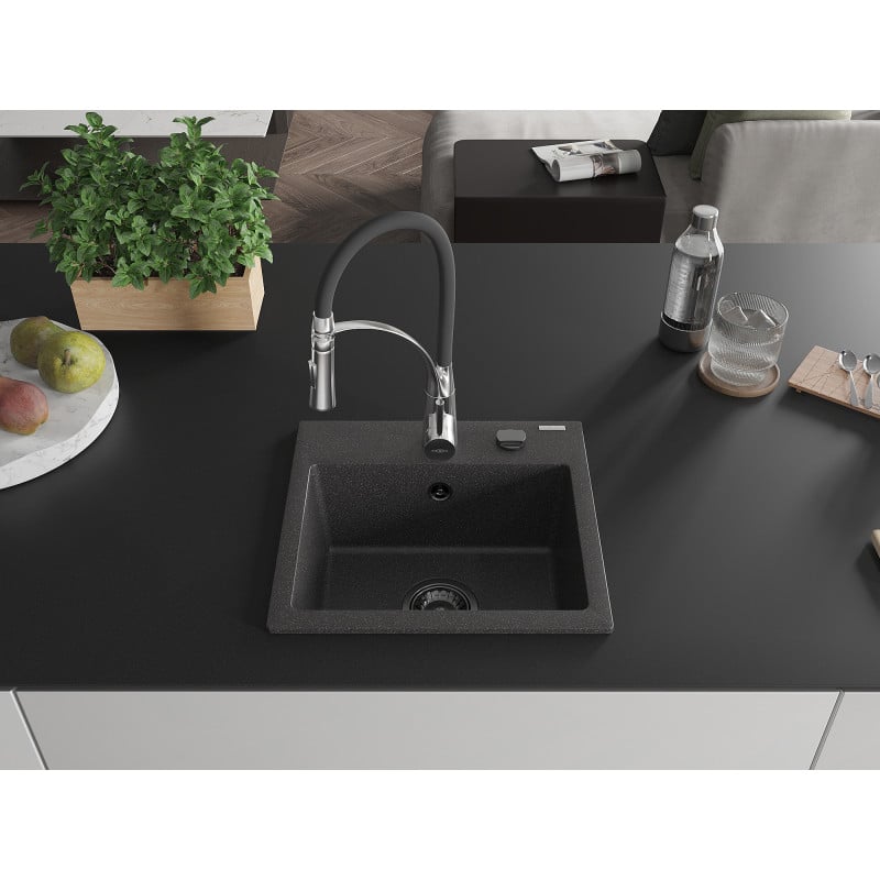 Mexen Milo Granitspüle 1-Becken mit Küchenarmatur Aster, schwarz gesprenkelt - 6505-76-73450-07-B