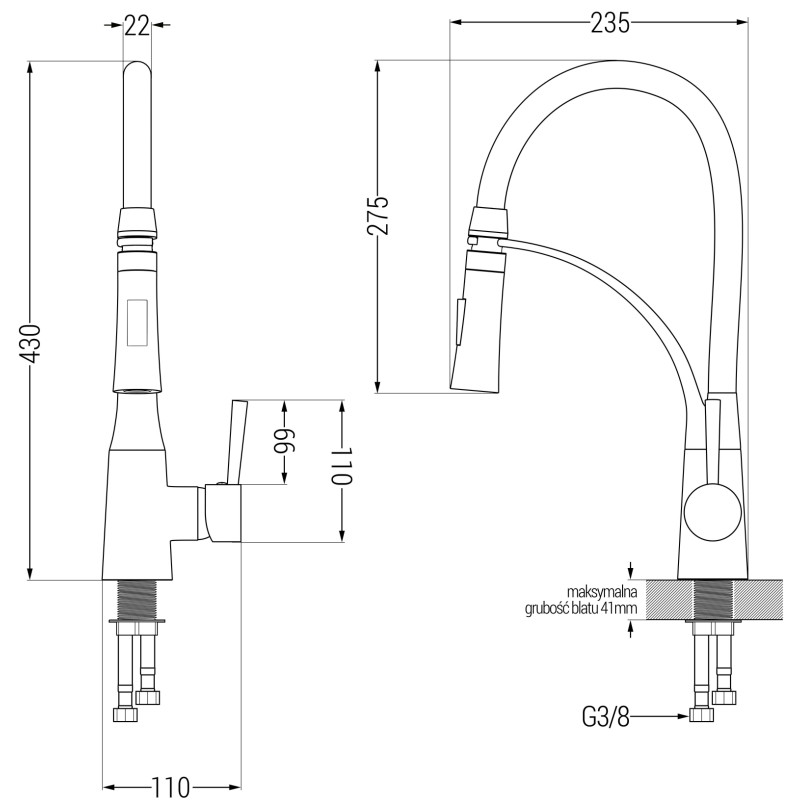 Mexen Milo Granitspüle 1-beckig mit Küchenarmatur Aster, schwarz gesprenkelt - 6505-76-73450-07-B
