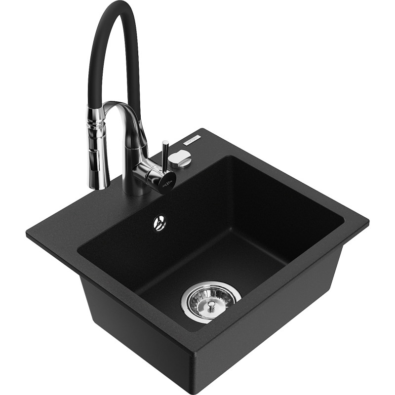 Mexen Milo Einbau-Granitspüle 1-beckig mit Küchenarmatur Aster, schwarz - 6505-77-73450-07
