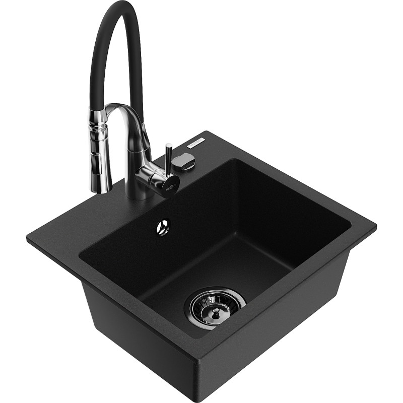 Mexen Milo Granitspüle 1-Becken mit Küchenarmatur Aster, schwarz - 6505-77-73450-07-B