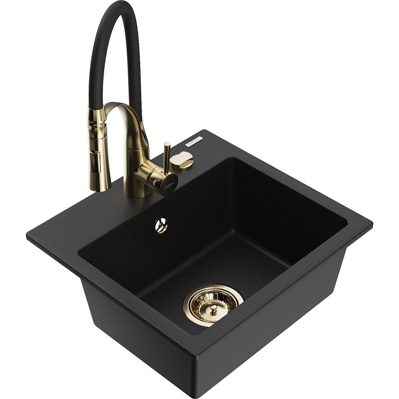 Mexen Milo Granitspüle 1-Becken mit Küchenarmatur Aster, schwarz - 6505-77-73450-57-G