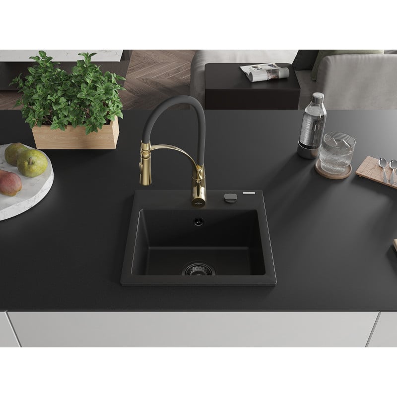 Mexen Milo Granitspüle 1-becken mit Küchenarmatur Aster, schwarz - 6505-77-73450-57-B