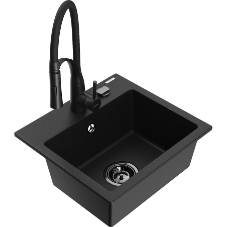 Mexen Milo Einbauwaschbecken aus Granit mit einer Kammer und Küchenarmatur Aster, schwarz - 6505-77-73450-70-B