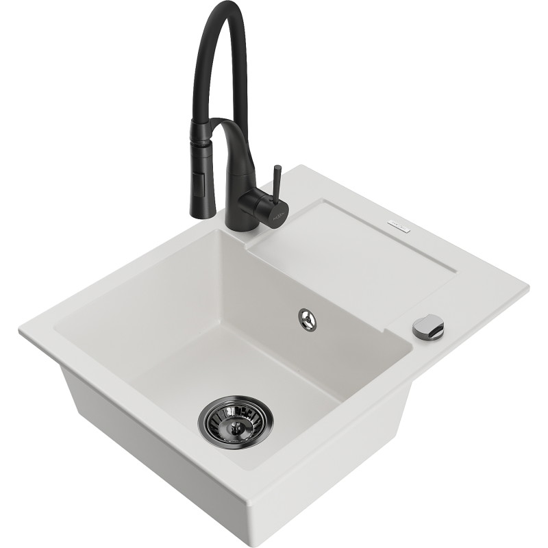 Mexen Enzo 1-Becken Granitspüle mit Abtropffläche und Küchenarmatur Aster, weiß - 6506-20-73450-70-B