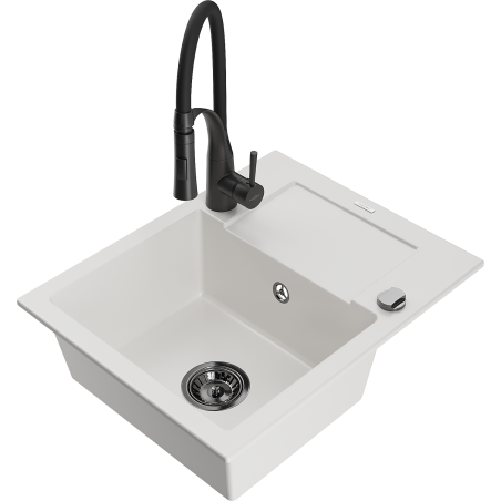 Mexen Enzo 1-Becken Granitspüle mit Abtropffläche und Küchenarmatur Aster, weiß - 6506-20-73450-70-B