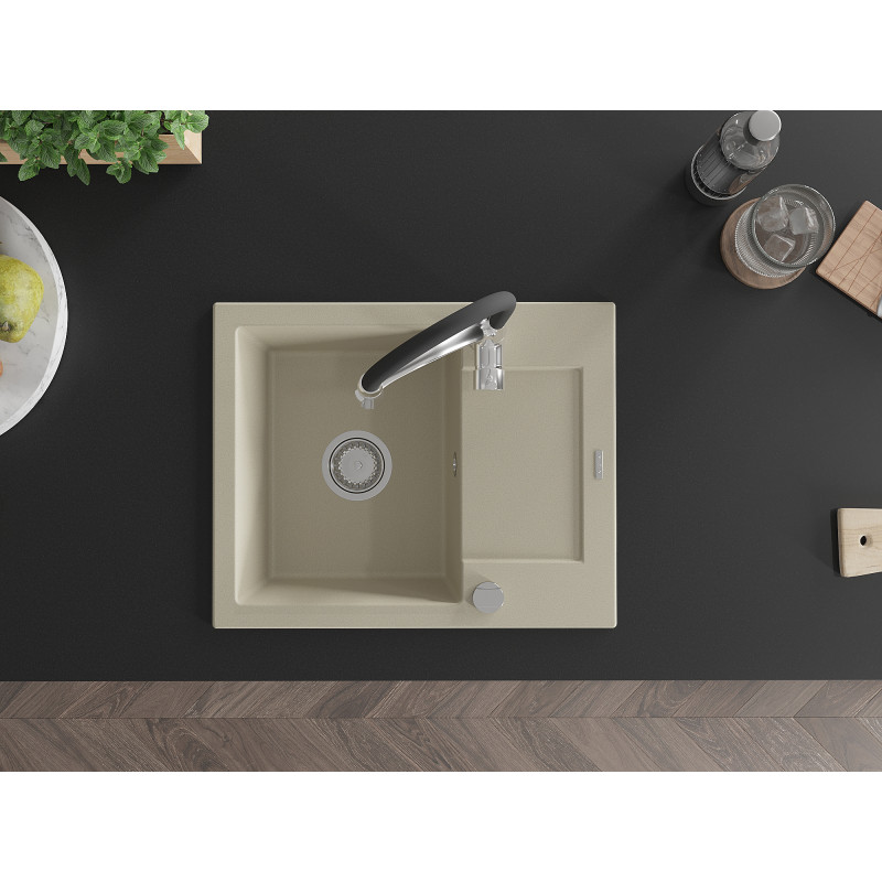 Mexen Enzo Granitspüle 1-Becken mit Abtropffläche und Küchenarmatur Aster, beige - 6506-69-73450-07