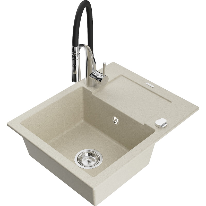 Mexen Enzo Einbauspüle aus Granit, 1-beckig mit Abtropffläche und Küchenarmatur Aster, beige - 6506-69-73450-07