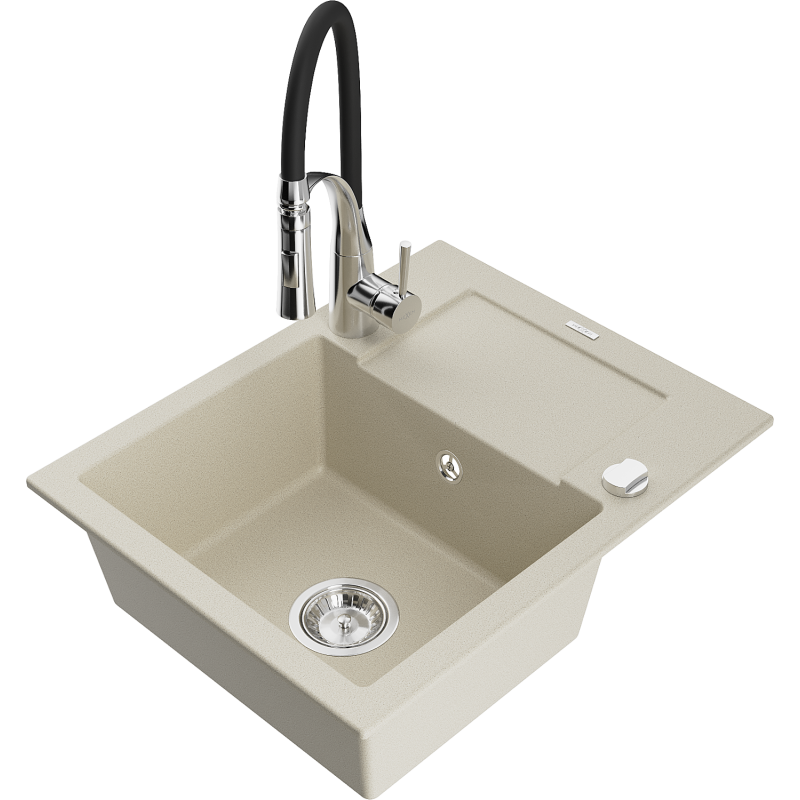 Mexen Enzo Granitspüle 1-Becken mit Abtropffläche und Küchenarmatur Aster, beige - 6506-69-73450-07