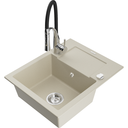 Mexen Enzo Granitspüle 1-Becken mit Abtropffläche und Küchenarmatur Aster, beige - 6506-69-73450-07