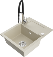Mexen Enzo Einbauspüle aus Granit, 1-beckig mit Abtropffläche und Küchenarmatur Aster, beige - 6506-69-73450-07