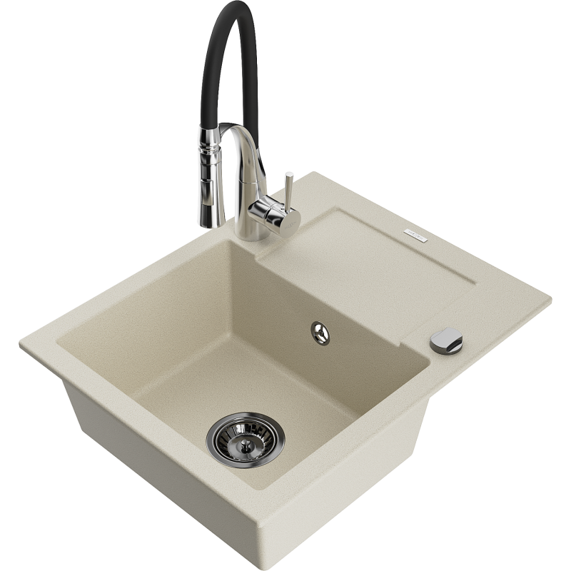 Mexen Enzo Granitspüle 1-Becken mit Abtropffläche und Küchenarmatur Aster, beige - 6506-69-73450-07-B