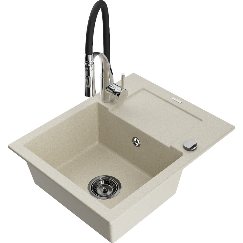 Mexen Enzo granitspüle mit 1 Becken, Abtropffläche und Küchenarmatur Aster, beige - 6506-69-73450-07-B
