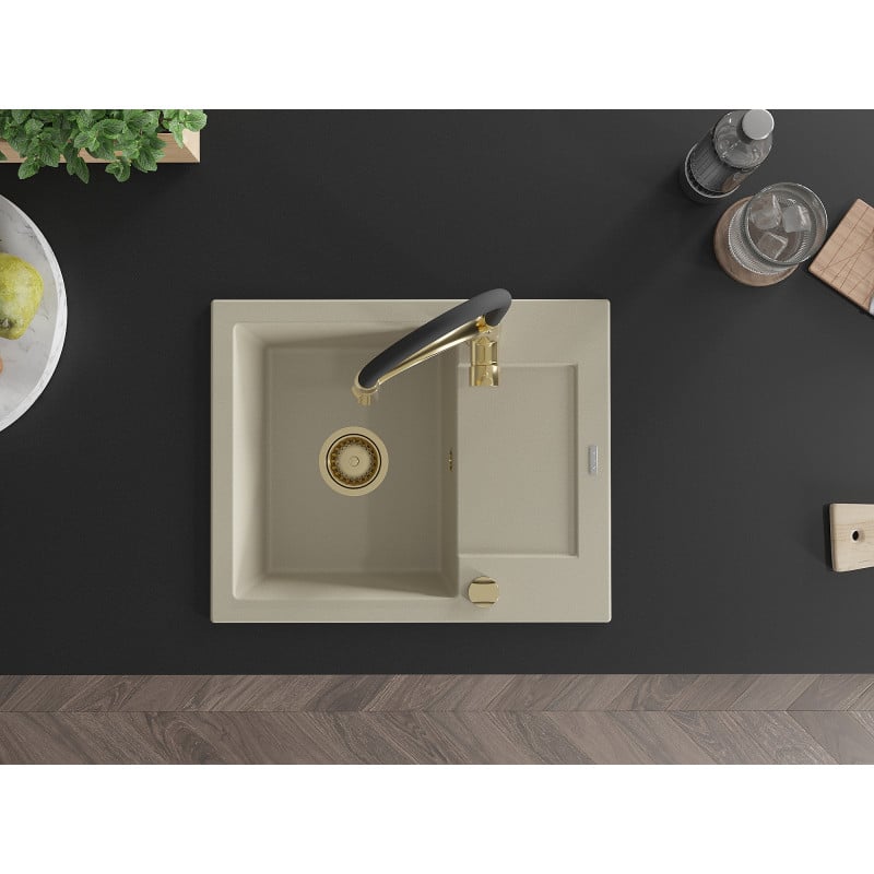 Mexen Enzo Granitspüle 1-beckig mit Abtropffläche und Küchenarmatur Aster, Beige - 6506-69-73450-57-G
