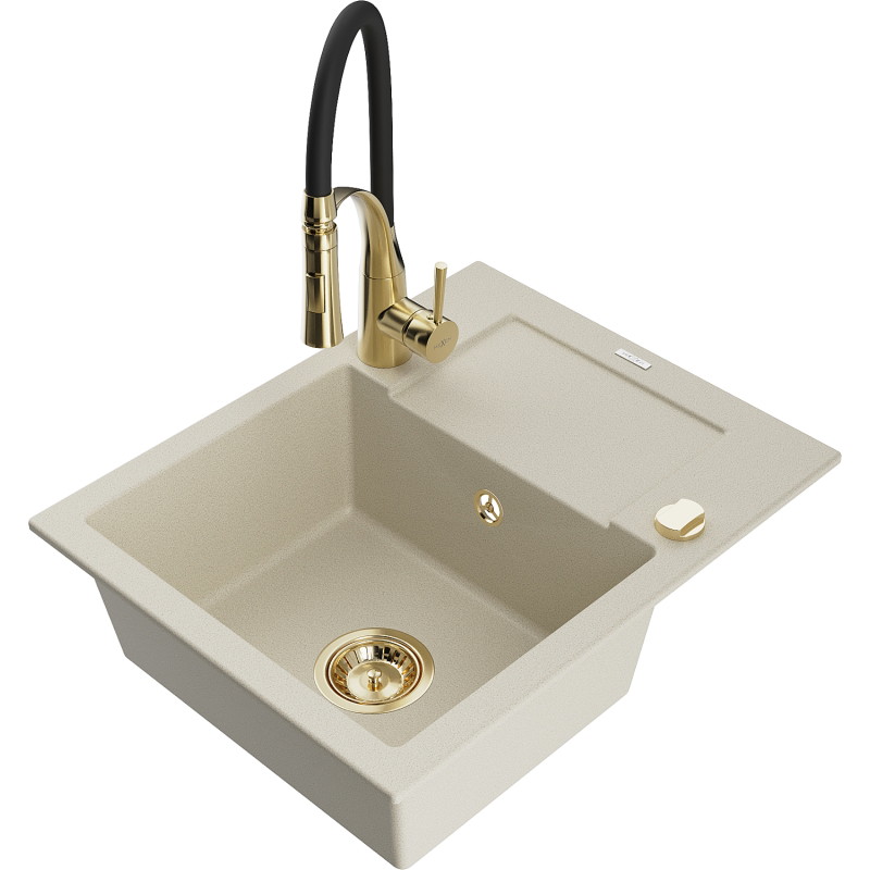 Mexen Enzo Einbauspüle 1-Becken mit Abtropffläche und Küchenarmatur Aster, Beige - 6506-69-73450-57-G