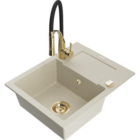 Mexen Enzo Granitspüle 1-beckig mit Abtropffläche und Küchenarmatur Aster, Beige - 6506-69-73450-57-G