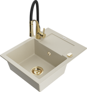 Mexen Enzo Granitspüle 1-beckig mit Abtropffläche und Küchenarmatur Aster, Beige - 6506-69-73450-57-G