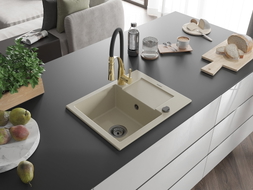 Mexen Enzo Granitspüle 1-Becken mit Abtropffläche und Küchenarmatur Aster, beige - 6506-69-73450-57-B