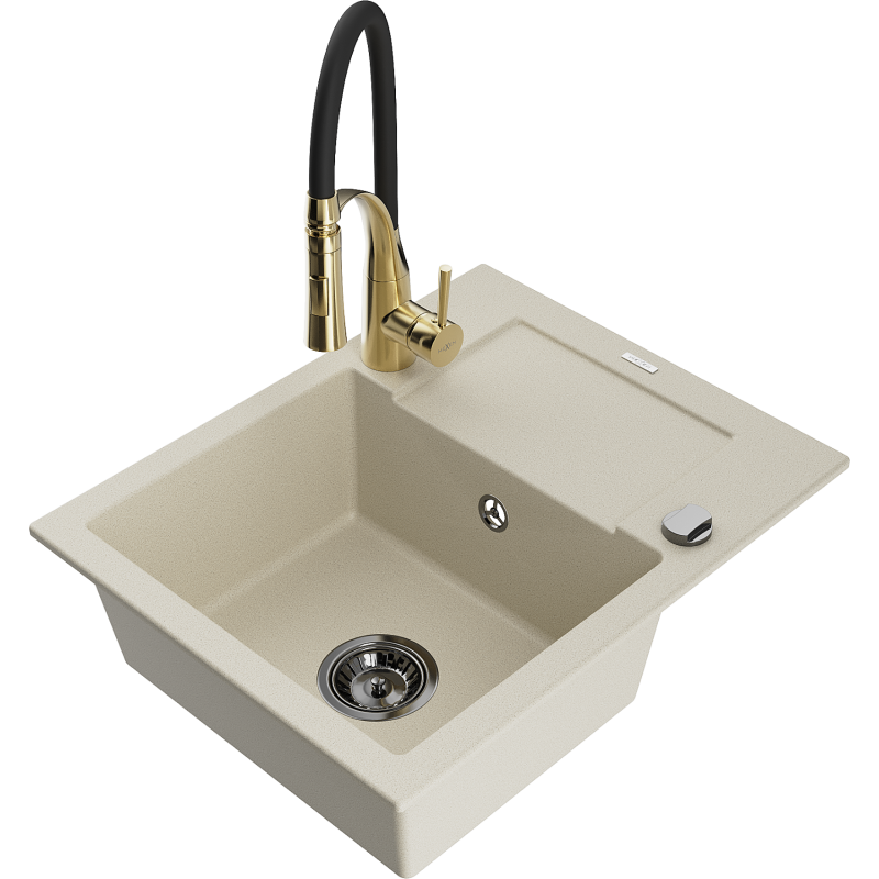 Mexen Enzo Granitspüle 1-Becken mit Abtropffläche und Küchenarmatur Aster, beige - 6506-69-73450-57-B