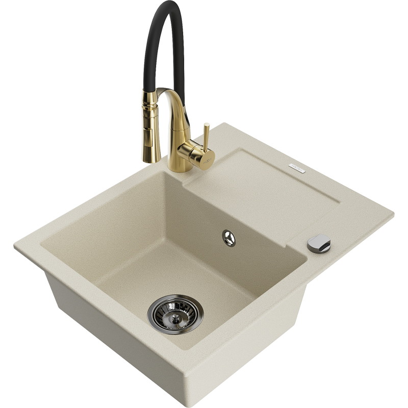 Mexen Enzo Granitspüle 1-beckig mit Abtropffläche und Küchenarmatur Aster, beige - 6506-69-73450-57-B