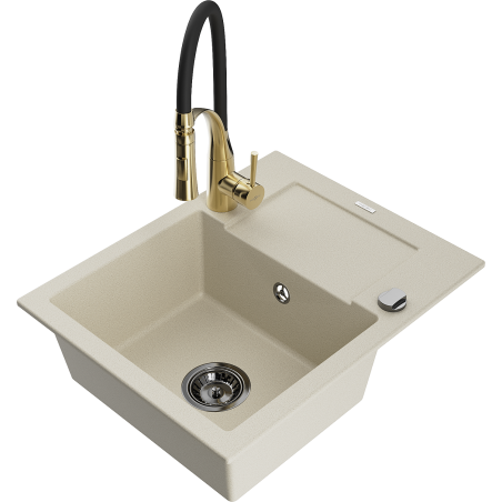 Mexen Enzo Granitspüle 1-Becken mit Abtropffläche und Küchenarmatur Aster, beige - 6506-69-73450-57-B