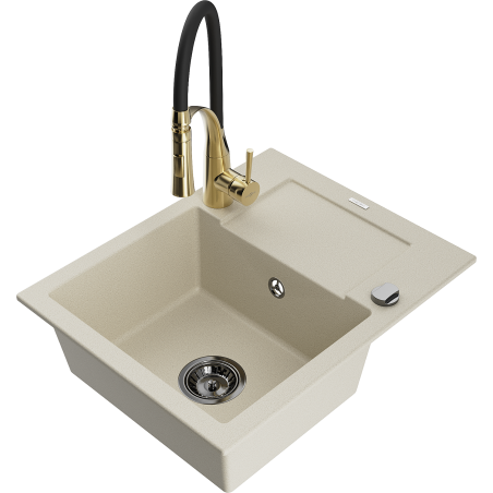 Mexen Enzo Granitspüle 1-beckig mit Abtropffläche und Küchenarmatur Aster, beige - 6506-69-73450-57-B