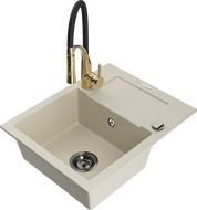 Mexen Enzo Granitspüle 1-Becken mit Abtropffläche und Küchenarmatur Aster, beige - 6506-69-73450-57-B