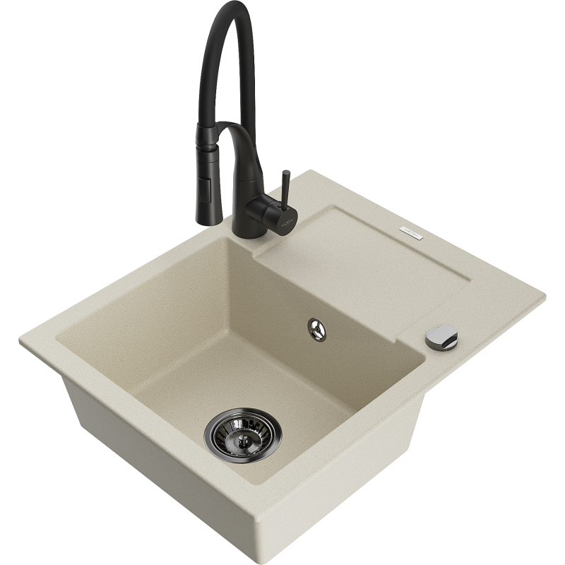 Mexen Enzo Granitspüle 1-Becken mit Abtropfbereich und Küchenarmatur Aster, beige - 6506-69-73450-70-B