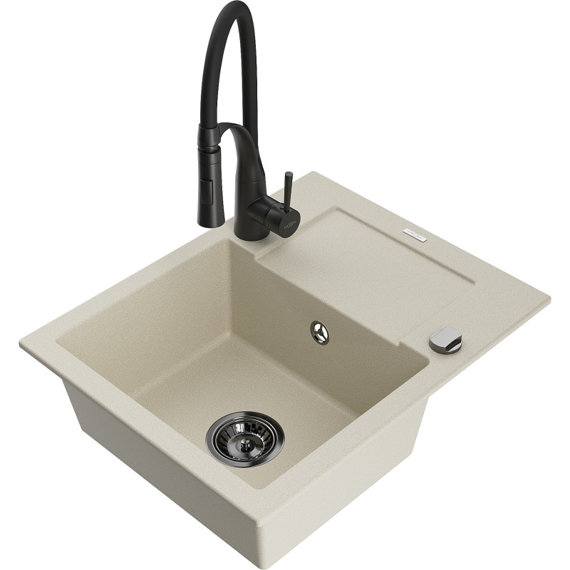 Mexen Enzo granitspüle 1-beckig mit Abtropffläche und Küchenarmatur Aster, beige - 6506-69-73450-70-B