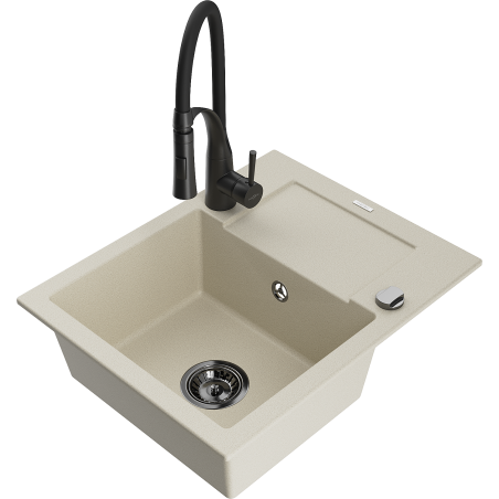 Mexen Enzo Granitspüle 1-Becken mit Abtropfbereich und Küchenarmatur Aster, beige - 6506-69-73450-70-B