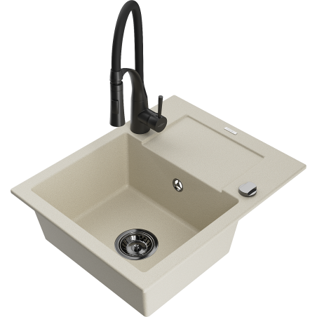 Mexen Enzo granitspüle 1-beckig mit Abtropffläche und Küchenarmatur Aster, beige - 6506-69-73450-70-B