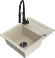 Mexen Enzo Granitspüle 1-Becken mit Abtropfbereich und Küchenarmatur Aster, beige - 6506-69-73450-70-B