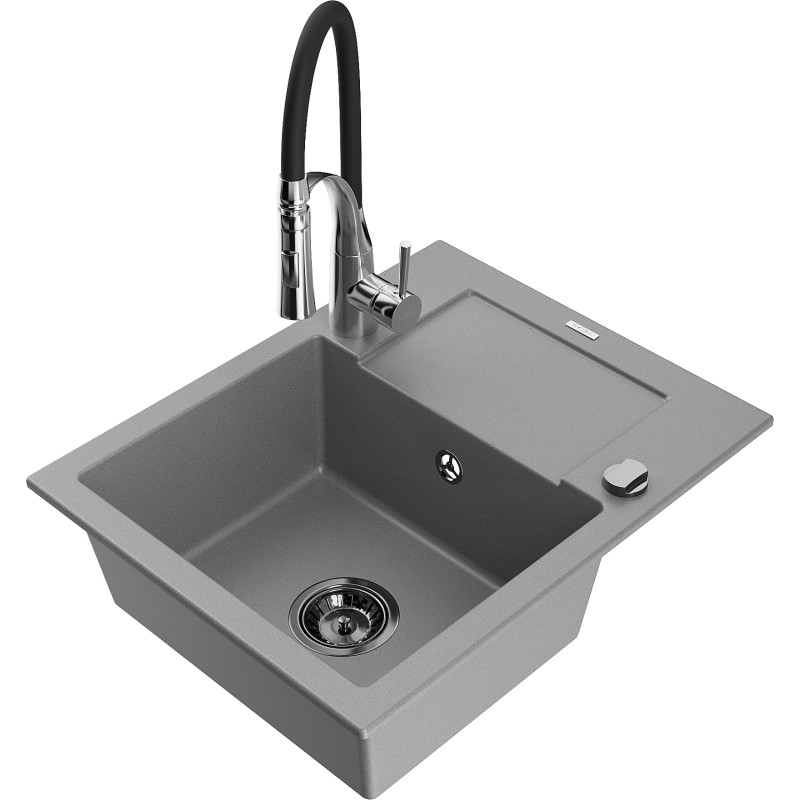 Mexen Enzo Granitspüle 1-Becken mit Abtropffläche und Küchenarmatur Aster, grau - 6506-71-73450-07-B