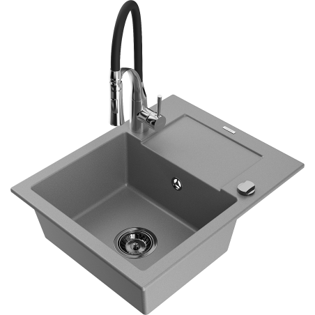 Mexen Enzo Granitspüle 1-Becken mit Abtropffläche und Küchenarmatur Aster, grau - 6506-71-73450-07-B