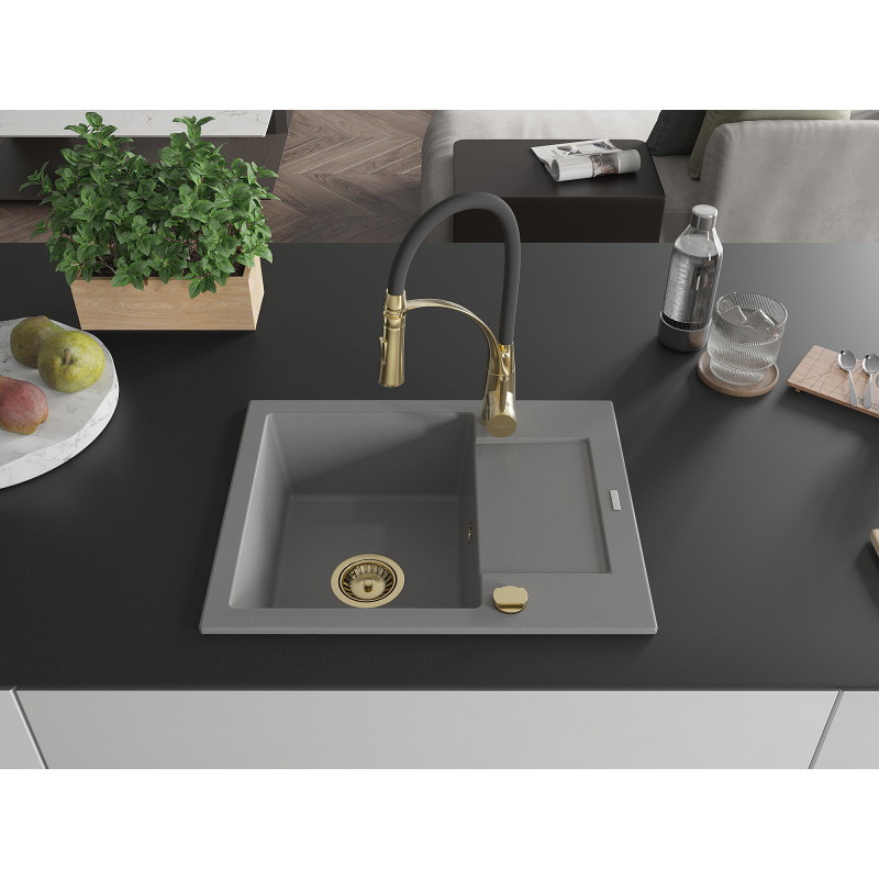 Mexen Enzo Granitspüle 1-Becken mit Abtropffläche und Küchenarmatur Aster, grau - 6506-71-73450-57-G