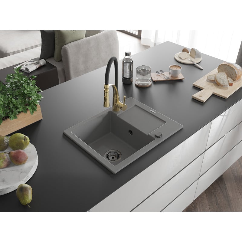 Mexen Enzo Granitspüle 1-becken mit Abtropffläche und Küchenarmatur Aster, grau - 6506-71-73450-57-B