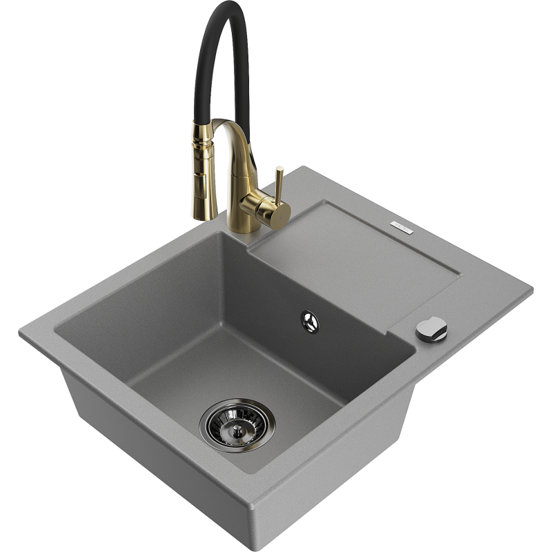 Mexen Enzo Granitspüle 1-becken mit Abtropffläche und Küchenarmatur Aster, grau - 6506-71-73450-57-B