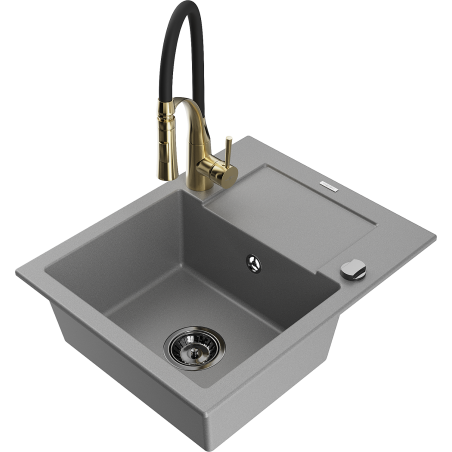 Mexen Enzo Granitspüle 1-becken mit Abtropffläche und Küchenarmatur Aster, grau - 6506-71-73450-57-B