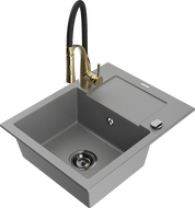 Mexen Enzo Granitspüle 1-becken mit Abtropffläche und Küchenarmatur Aster, grau - 6506-71-73450-57-B