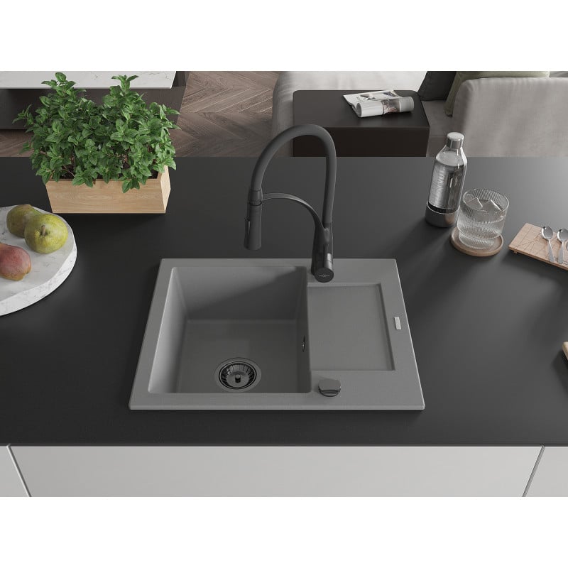 Mexen Enzo 1-Kammer Granitspüle mit Abtropffläche und Küchenarmatur Aster, grau - 6506-71-73450-70-B