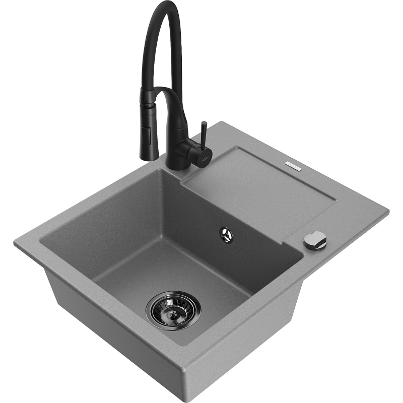 Mexen Enzo 1-Kammer Granitspüle mit Abtropffläche und Küchenarmatur Aster, grau - 6506-71-73450-70-B