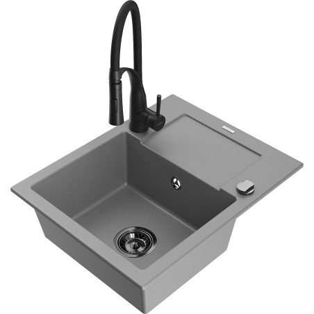 Mexen Enzo 1-Kammer Granitspüle mit Abtropffläche und Küchenarmatur Aster, grau - 6506-71-73450-70-B