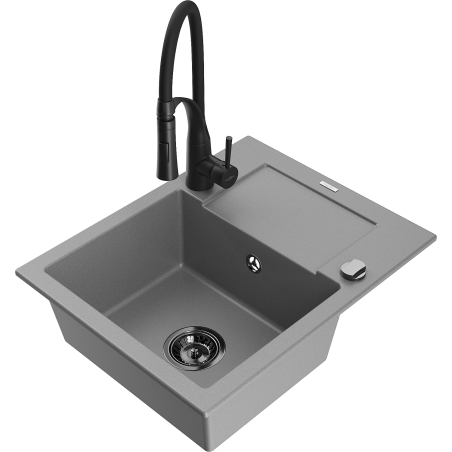 Mexen Enzo Granitspüle 1-Becken mit Abtropffläche und Küchenarmatur Aster, grau - 6506-71-73450-70-B