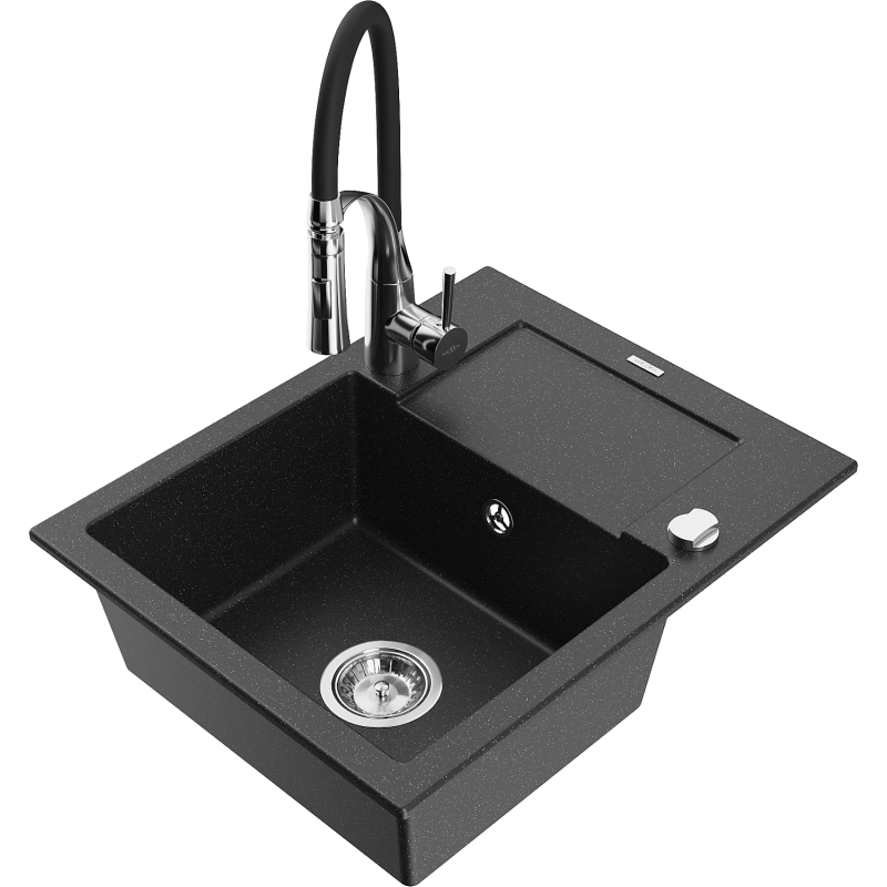 Mexen Enzo Granitspüle 1-Becken mit Abtropffläche und Küchenarmatur Aster, schwarz/silber metallic - 6506-73-73450-07