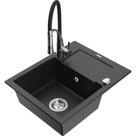 Mexen Enzo Granitspüle 1-Becken mit Abtropffläche und Küchenarmatur Aster, schwarz/silber metallic - 6506-73-73450-07