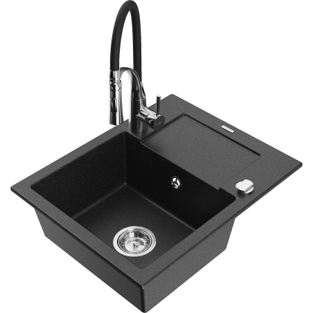Mexen Enzo granitspüle 1-beckig mit Abtropfbrett und Küchenarmatur Aster, schwarz/silber metallic - 6506-73-73450-07