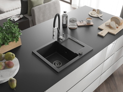Mexen Enzo 1-Komponenten-Granitspüle mit Abtropffläche und Küchenarmatur Aster, schwarz/silber metallic - 6506-73-73450-07-B